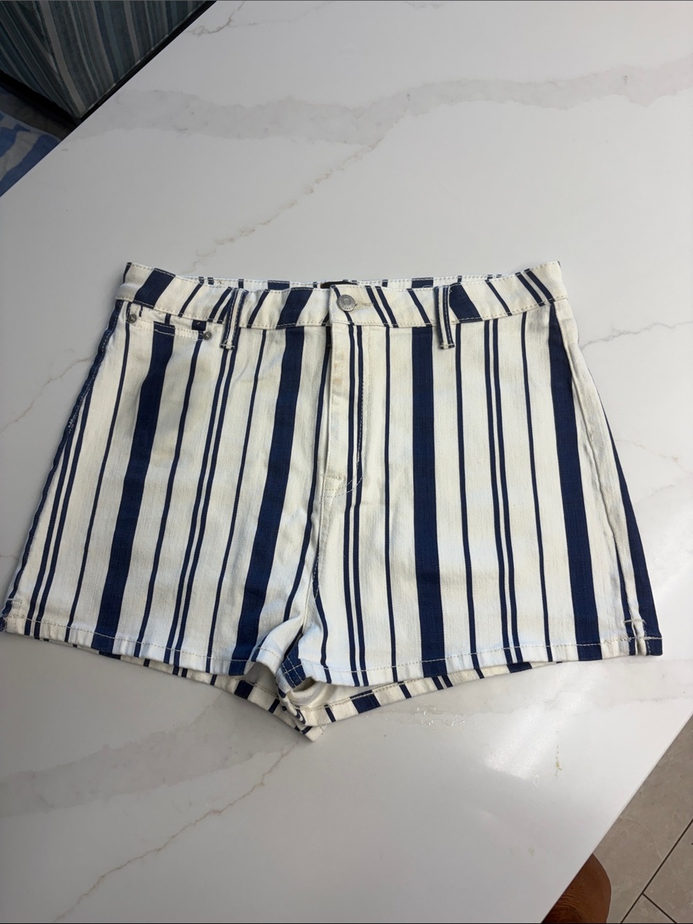 Urban Outfitters Navy and White Vertical Stripe Jean Shorts